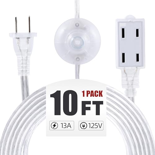 NFAMRZCAR 1 Pack Clear Extension Cord with Foot Switch 3 Outlet 10FT Invisible Extension Cord 2 Prong Power Cable Male to Female UL-Certified 13A/125V 2 x 16 AWG