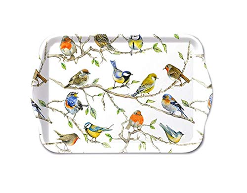 Tablett Birds Meeting Vogeltreffen 13x21cm Melamin Deko Home Vogel Vögel Frühling Zweige Meise Rotkehlchen Sommer