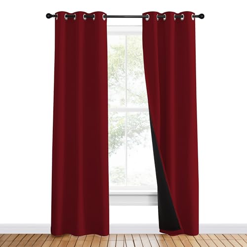 Image of NICETOWN 100% Blackout Curtains with Black Liner Backing, Thermal Insulated Curtains for Living Room, Noise Reducing Drapes for Christmas, Burgundy Red, 37 inch x 80 inch Per Panel, Set of 2
