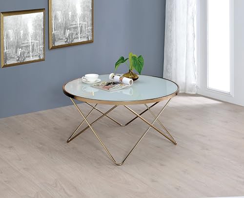 agnixnaf Cappuccino Wood Coffee Table with Frosted Glass Top, Champagne Gold V-Shaped Legs, Round Center Table, Modern, for Living Room, Dining Room, Office