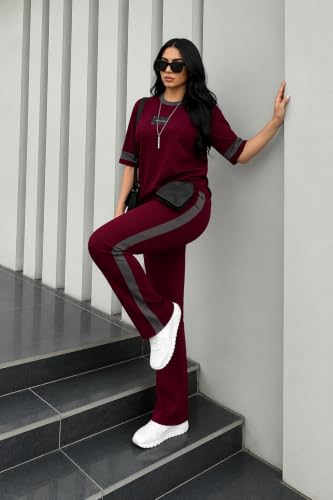 Image of Tracksuit for Women | Casual Brown Loungewear 2 Piece Set | Short Sleeve T Shirt and Wide Leg Pants with Side Stripes | Sports Jogging Co ord Matching Sweatsuit(40-N-1-4)