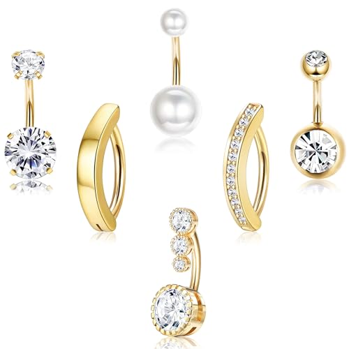 FIOROYAL 6Piezas Piercings Ombligo para Mujeres, 14G Piercing Ombligo Acero Quirurgico, Piercing Ombligo Oro/Plata, CZ Clicker Chapados Piercing Ombligo G