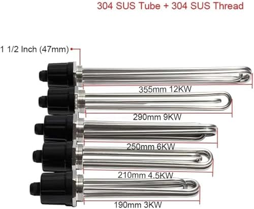 1 1/2 Inch DN40 Water Heating Element with Accessory 3KW/4.5KW/6KW/9KW/12KW Electric Pipe with Ground Screw and Probe 1Pcs(Silver,380V_12KW 355MM 304SUS) - 3