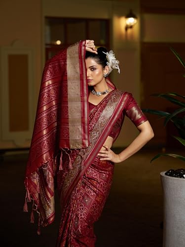 Image of SWORNOF Womens Linen Silk Saree | Saree for Women With Unstitched Blouse | Saree with Blouse Piece | Soft and Skin Friendly