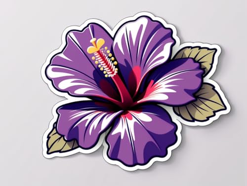 Image of Purple Hibiscus Flower Sticker Tropical Floral Vinyl Decal Waterproof Aesthetic Purple Flower Sticker for Laptop Water Bottle Car Bumper Notebook Scrapbook Gift