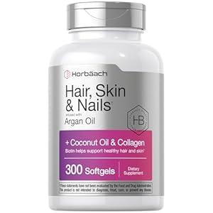 Horbaach Hair Skin and Nails Vitamins | 300 Softgels | with Biotin and Collagen | Infused with Argan Oil and Coconut Oil | Non-GMO, Gluten Free Supplement