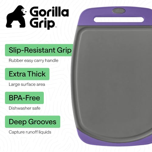 Image of GORILLA GRIP BPA-Free Reversible Kitchen Cutting Board Set of 3, US Designed, Nonporous, Juice Grooves Catch Liquid, Slip Resistant Border, Dishwasher Safe, Durable Food Chopping Boards, Gray Purple