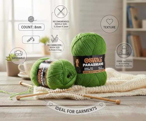 Image of M.G ENTERPRISE Os wale 3 Ply Knitting Yarn Wool, Light Green 300 gm Best Used with Knitting Needles, Crochet Needles Wool Yarn for Knitting. by M.G ENTERPRISE Os wal I
