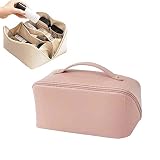 Gran capacidad: el diseño multicapa con una gran capacidad puede acomodar todos los productos cosméticos y de maquillaje que necesitas. Un almacenamiento separado mantiene todo limpio y ordenado. Hay un alambre de acero en la apertura de la bolsa de maquillaje, lo que puede hacer que el estuche sea más tridimensional y cómodo de recoger, es una buena bolsa de maquillaje de viaje.
