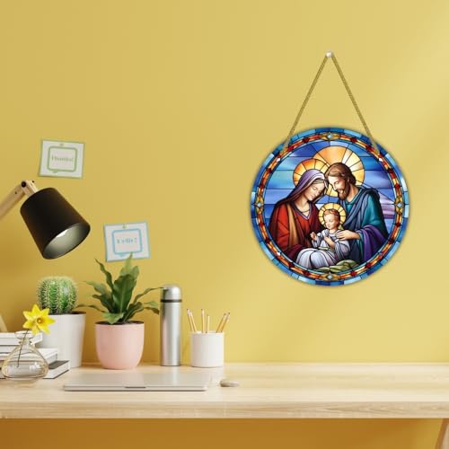 Image of Printality Stained Glass Style Christian Wall Hanging | Round MDF Plaque with Glossy Finish & Golden Zardosi String | Religious Wall Art | Jesus, Mary & Angels Design | Faith Home Decor (Design 5)