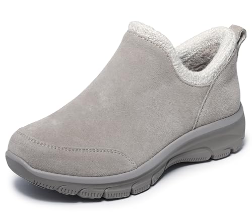 Find the Best Slip on Winter Shoes for Cozy Feet 15 Skechers Women's EASY GOING - SWEET BEHAVIOR, Scooped chenille collar suede bootie, Taupe, 8.5M
