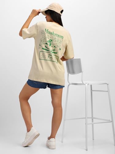 Image of JUNEBERRY Pure Cotton Oversized Baggy Fit Round Neck Drop Shoulder Swan White Back Graphic Printed T-Shirt for Women /Girls