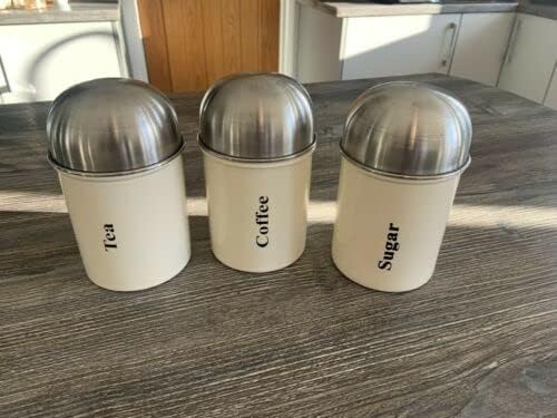 Tea Coffee Sugar Canisters With Airtight Lid - Set Of 3 Polished Stainless Steel Cream Kitchen Storage Jars / Containers