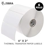 Zebra - 4 x 2 in Thermal Transfer Paper Labels, Z-Perform 2000T Permanent Adhesive Shipping Labels, Zebra Desktop Printer Compatible, 1 in Core - 6 Rolls