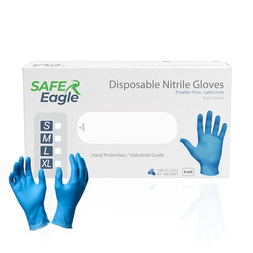 Safer Eagle Disposable Nitrile Gloves, 4 mil, Powder-Free & Latex-Free, Blue, Industrial Grade, Food Safe, Non-Sterile, Ambidextrous - Case of 1000 (100/Box, 10 Boxes) - Large
