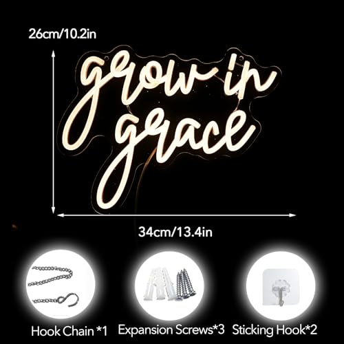 Image of Grow In Grace Neon Sign For Wall Decor, Usb Powered Neon Religious Sign, Art Aesthetic Bible Verse Decor, Home Bedroom Wall Decor, Church Inspirational Quotes Gift For Christians(13.4 X 10.2 In)