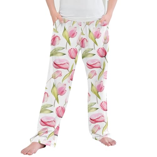 Pink Tulip Flower Long Pajama Pants Elastic Waist PJ Bottoms with Pockets S A111479