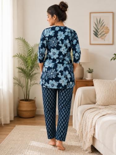 Image of Women's Cotton Night Suit Set, Printed Top and Pyjama, Casual Loungewear Sleepwear for Womens Girls