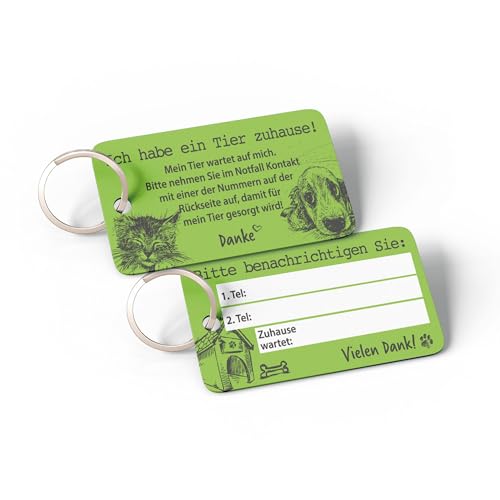 2 x Haustier Notfallkarten Set aus hochwertigen PVC zum Schutz Ihrer Haustiere bei Abwesenheit - Emergency Card - grün mit Schlüsselring