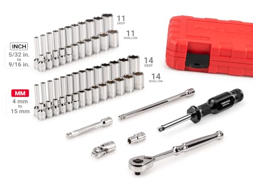 Image of TEKTON 1 /4 Inch Drive 6-Point Socket and Ratchet Set with Case, 56-Piece (5 /32-9 /16 in., 4-15 mm) | SKT05303