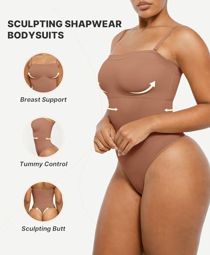 Image of SHAPELLX Strapless Shapewear Bodysuit for Women Tummy Control Thong Seamless Sculpt Body Shaper with Removable Straps