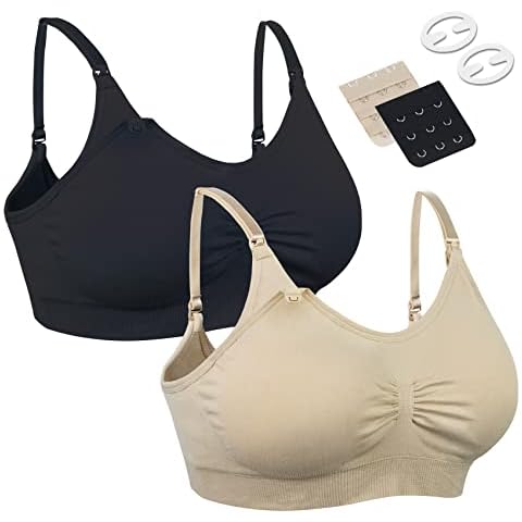 YSense Women's 2 Pack Nursing Wireless Seamless Maternity Breastfeeding Removable Pads Extenders Clips Bra, Black / Skin, 38C Cover
