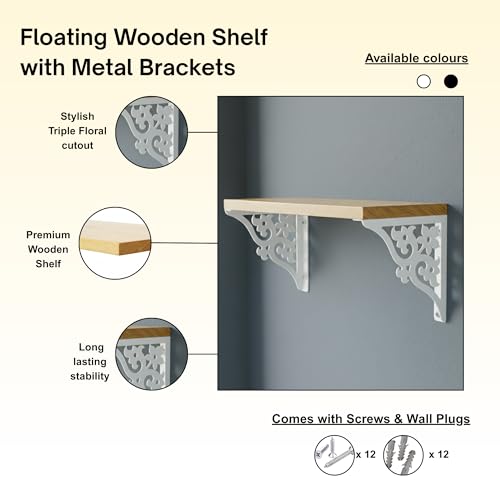 Image of Wall Shelf with Wooden Top Black|White Iron Brackets Storage Rack|Industrial Wall-Mounted Floating Shelf for Living Room,Kitchen,Bathroom (White Triple Floral Small)