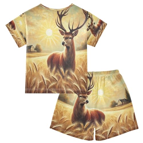 Deer Wheat Field Golden Pajama Set Short Sleeve Summer Pajamas Shorts Sets PJ Clothes Set Soft 5Y2