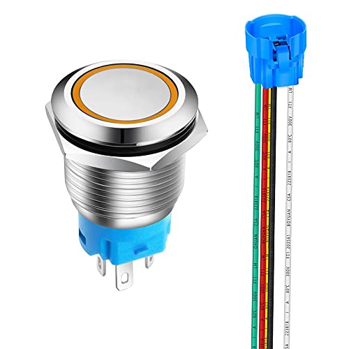 Gebildet 1 Piece 0.75 Inch/19mm Stainless Steel Momentary Push Button 12V-24V 5A LED 1NO1NC SPDT ON Off Waterproof with Wire Socket Plug(Orange LED)