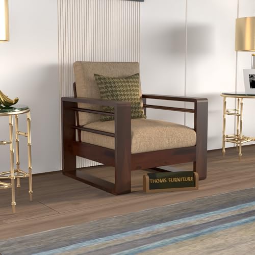 Image of Sheesham Wood Single Seater Sofa | Wooden Single Sofa Chair - Premium Single Chair for Living Room Bedroom | Single Person Sofa for Home Office Furniture (Selen Walnut, 1 Seater)
