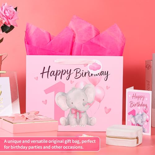 Image of Powbrace 13 inch 1st Birthday Gift Bag with Tissue Paper and Greeting Card for Party, Happy Birthday Gift Bag for Men Women,Gift Bags Medium size(1 PCS Pink Cartoon)