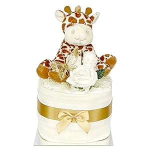 Luiertaart Neutraal Baby Gift – Vierkante mousseline Wraps 9 luiers, babysokken en zachte speelgoed Baby Giraffe