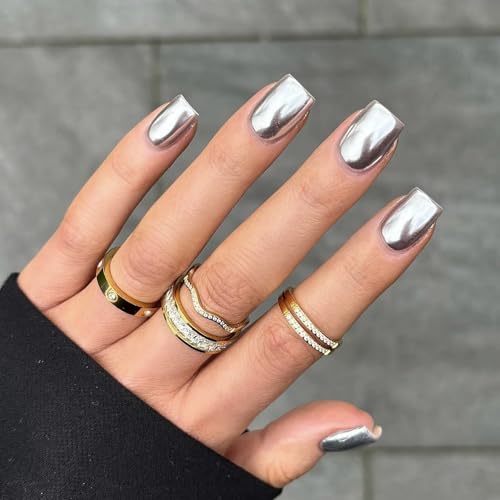 SXVME Chrome Short Square Press-on Nails - Metallic Silver White with Glitter Shine - Mirror Acrylic for Daily & Party Wear
