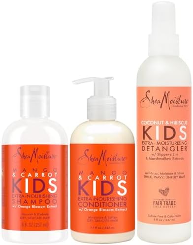 SheaMoisture Kids Mango & Carrot Shampoo and Conditioner Set w/Orange Blossom Extract + Coconut & Hibiscus Extra-Moisturizing Detangler Spray, Anti-Frizz Hair Products for Kids