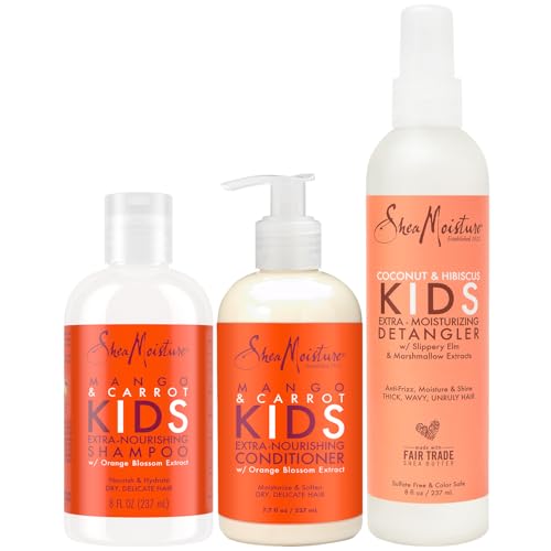 Image of SheaMoisture Kids Mango & Carrot Shampoo and Conditioner Set w/Orange Blossom Extract + Coconut & Hibiscus Extra-Moisturizing Detangler Spray, Anti-Frizz Hair Products for Kids