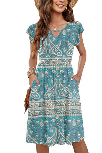 Image of PLOKNRD Women's Summer Dress V-Neck Ruffle Sleeve Ladies Dress Elastic Waist Loose Swing Casual Dress with Pockets Knee Length (Boho Green Flowers,XL)