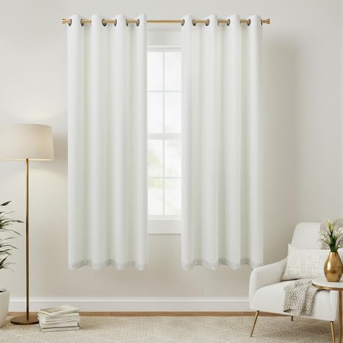 Image of 100% Blackout Linen Textured Curtains for Bedroom Full Light Blocking Room Darkening Bronze Grommet Window Drapes Thermal Insulated Energy Efficient Home Decor 52x63 Ivory (2 Panels)