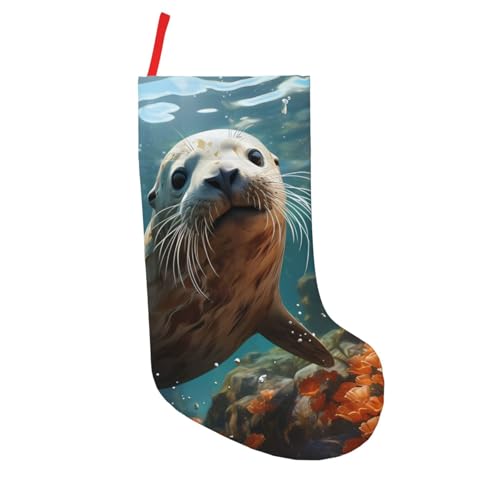 Jyckat 18 Inches Large Size Christmas Stockings, Seal pup in Water - Hold All Surprises,Super Soft Plush Cuffs Christmas Decorations Stocking for Party Decoration and Xmas Day
