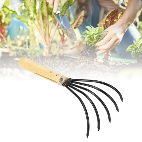 Rastrillo de Mano para Jardín, Diseño Ergonómico, Cultivador de Garras, 5 Púas de Acero, de Madera, Labranza, Aflojamiento del Suelo (Corto)