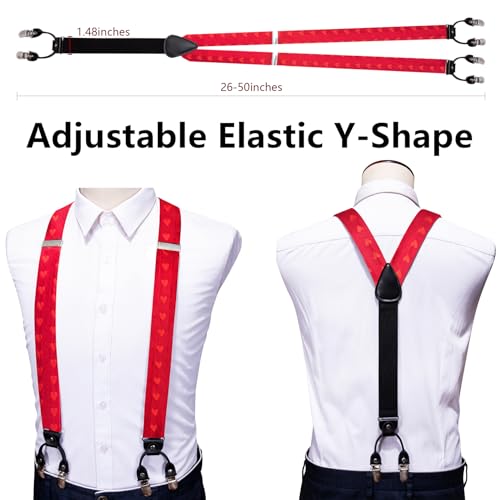 Image of Barry.Wang Men Suspender Set with Necktie Elastic Y Type Heavy Duty 6 Clips Braces Tie Handkerchief Cufflink Pin 6PCS