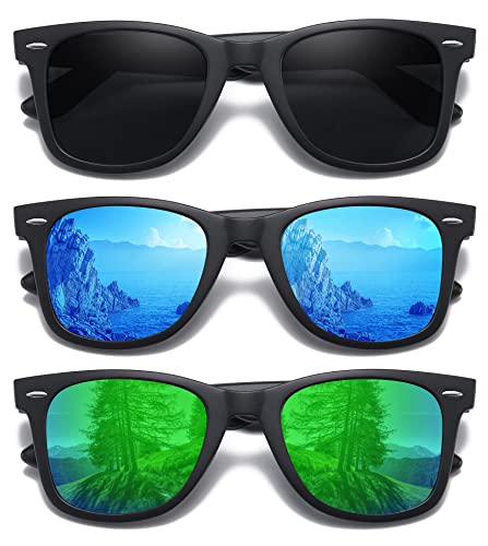 MEETSUN Retro Polarized Sunglasses for Men Women Trendy Mirror Lens Driving Sun Glasses 100% UV Protection (3 Pack) Black/Blue/Green, (3 Pack) Black/Blue/Green, Standard