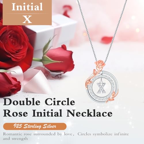 RIVIKO Graduation Gifts for Her,925 Sterling Silver Rose Circle Initial Necklaces,Initial Letter Pendant Necklaces Personalized Jewelry Anniversary Christmas Birthday Gifts for Her Mom Wife Girlfriend2