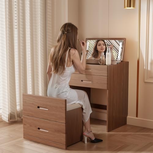 Image of KungFuWood 3 In1 Soild Wood Make up Table with Hidden Mirror and Chair,Vanity Compact Desk with Lights,W24xd20xh32inch Dressing Table with 4 Drawers Storage and Adapter Outlet for Small Space