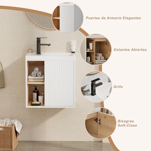 Miniatura 6 de Uev Mueble De Baño Con Lavabo De Resina, Mueble De Baño Suspendido Con Diseño Único Y Practicidad, Patrón De Rayas Verticales, 50,5 X 30 X 50 Cm, Blanco