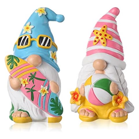 FairySandy 2 Pieces Summer Gnomes Beach Decorations Surfboard Gnome Stuff Decor Mini Gnomes Resin Figurines Set Collectible Tabletop Kitchen Decorations for Home Kitchen Farmhouse Office Cover