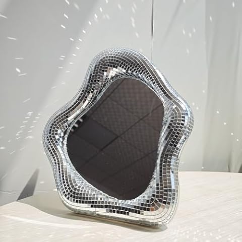 MFGDISCO Disco Mirror Wavy, 10" H x 8.6" W x1.2 D, Funky Table Wall Decor with Stand,Tabletop Vintage Silver Decorative Mirror,Handmade Gift (Small) Cover
