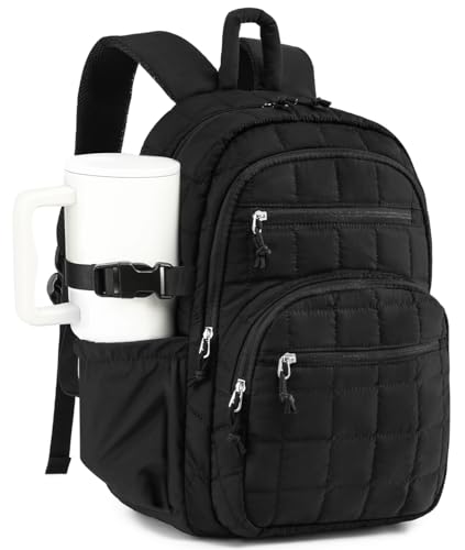 Image of Large Quilted Laptop Backpack for Women, College Bookbag with Tumbler Holder Pocket for Nurse Teacher Work Travel, Puffer School Backpack for Teen Girls Big Student, Black