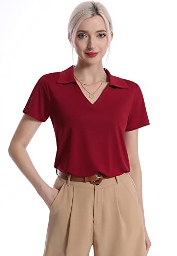 Femdouce Womens Polo Shirts Dry Fit Golf Shirt For Women Short Sleeve Moisture Wicking Polo Shirt V Neck With Collar 3 Pack Black/Navy/Wine Red M #TOP1