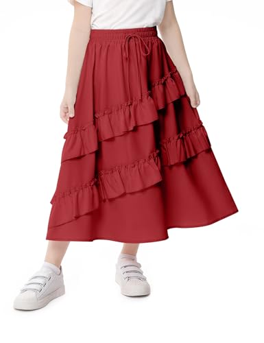 Image of Girls High Waisted Ruffle Maxi Skirt Soft Cotton Long Skirts with Elastic Waistband for Kid Girl 3-12 Years