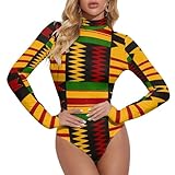 African Tribal Printed Women's Long Sleeve Tops Bodysuit Basic Stretch Jumpsuit High Neck Thong T-Shirts